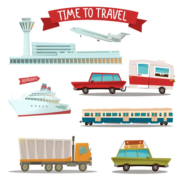 Il est temps de voyager. Ensemble de transport - Avion, train, navire, voiture, camion — Image vectorielle