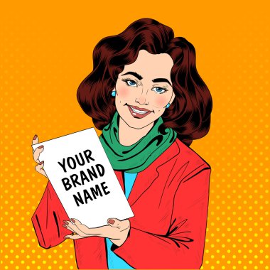 Girl in Pop Art Style Holding Banner for Your Text or Logo clipart