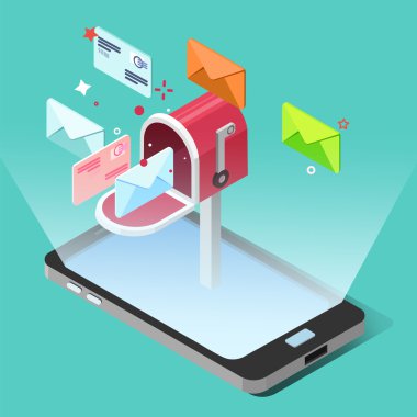 E-posta pazarlama kavramı izometrik tarzı. Harfleri ile akıllı telefon