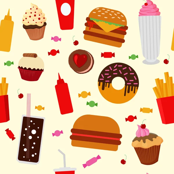 Rychlé občerstvení bezešvé vzor s sladkostí, bonbónů, košíčky a hamburgery — Stockový vektor