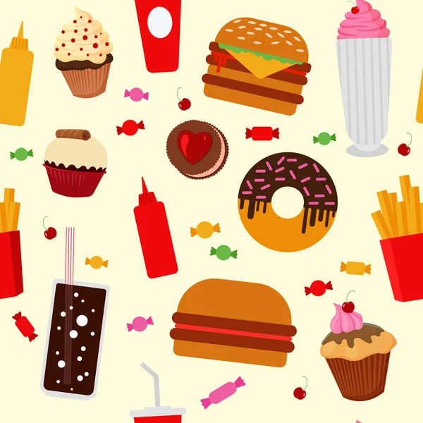 Fast Food Seamless Pattern with Sweets, Candies, Cupcakes and Burgers