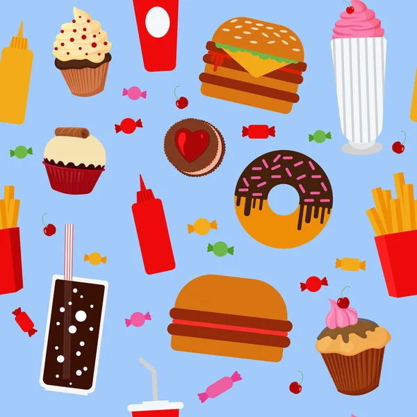 Rychlé občerstvení bezešvé vzor s sladkostí, bonbónů, košíčky a hamburgery — Stockový vektor