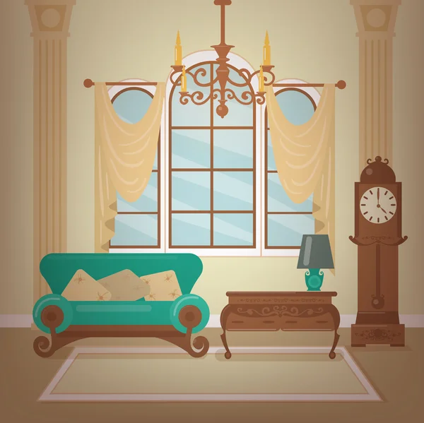 Casa Clásica Interior de la sala de estar con una lámpara de araña y relojes Vintage — Vector de stock