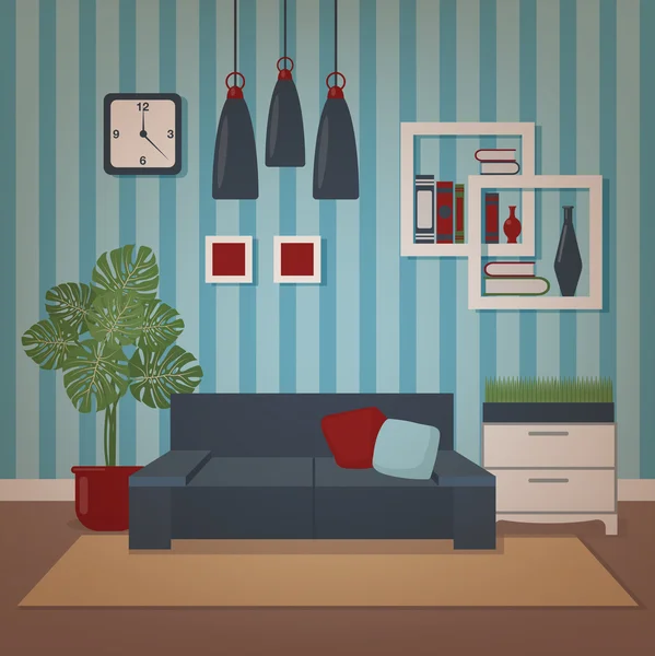 Moderna casa Interior de la sala de estar con sofá y flores — Vector de stock