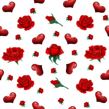 Seamless Pattern with Roses and Hearts for Valentine's Day, Wedding