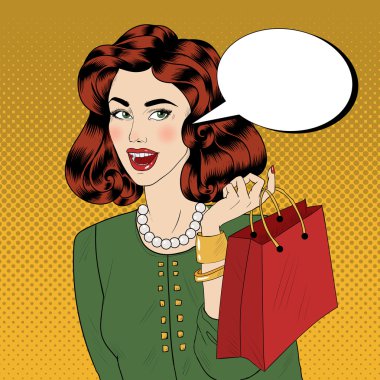 Pop art Style banner. Vintage Girl with Shopping Bags in Comics Style