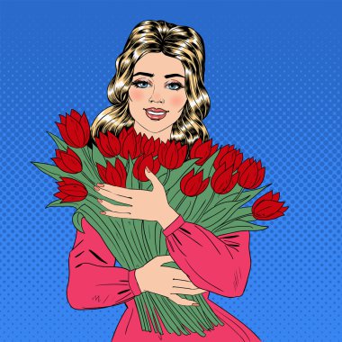 Beautiful Woman in Pink Dress with Bouquet of Red Tulips