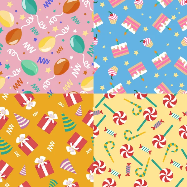 Happy Birthday Seamless Patterns Set with Cakes, Presents and Balloons — стоковий вектор