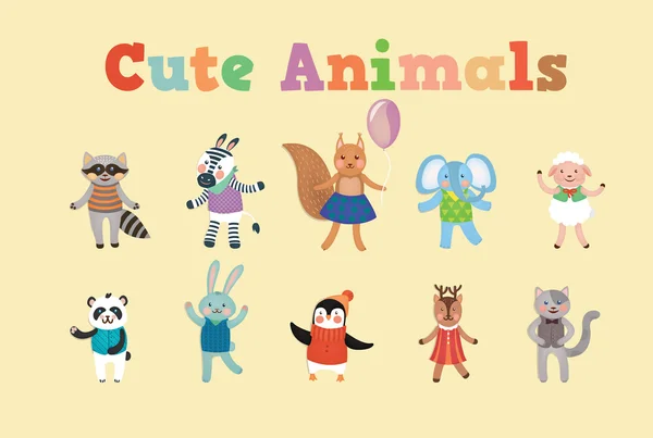 Set of Cute Animals for Decoration and Celebration Childrens Party — 스톡 벡터