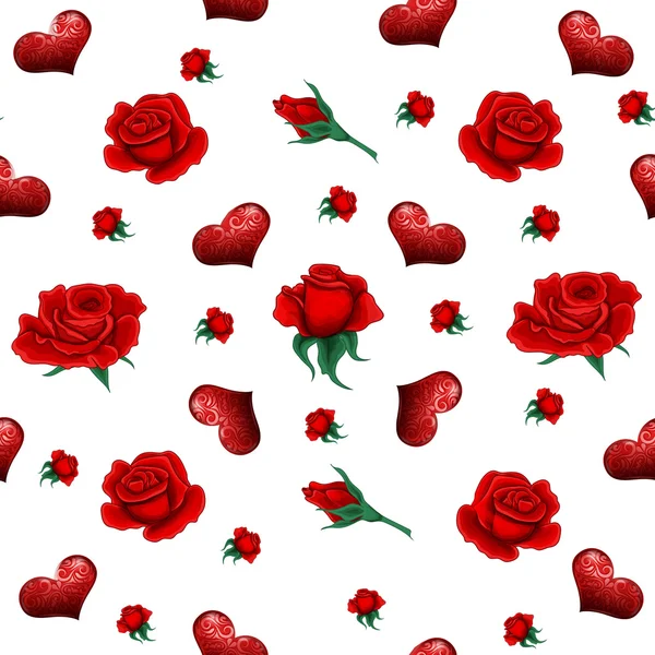 Seamless Pattern with Roses and Hearts for Valentine's Day, Wedding — ストックベクタ