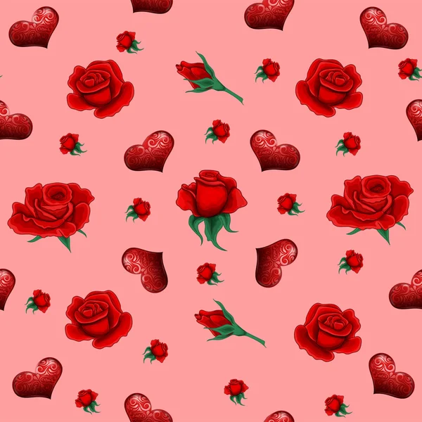 Nahtloses Muster mit Rosen und Herzen für Valentinstag, Hochzeit — Stockvektor