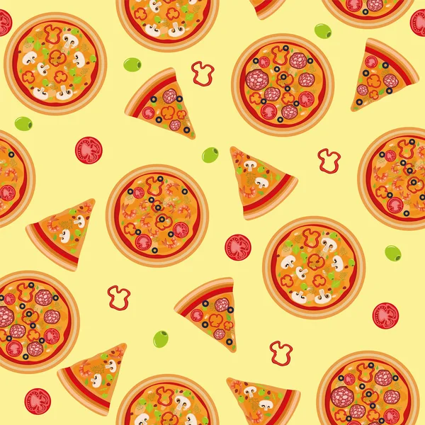 Безшовный образец пиццы с ингредиентами — стоковый вектор