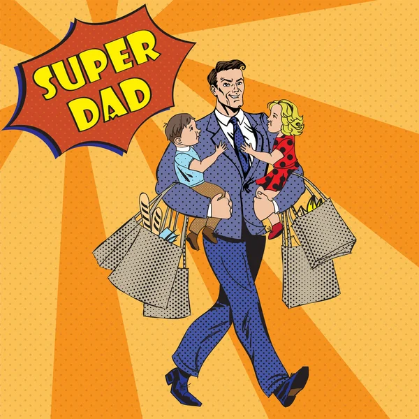 Super Dad with kids on his hands and Shopping Bags. Happy Fathers Day — Wektor stockowy