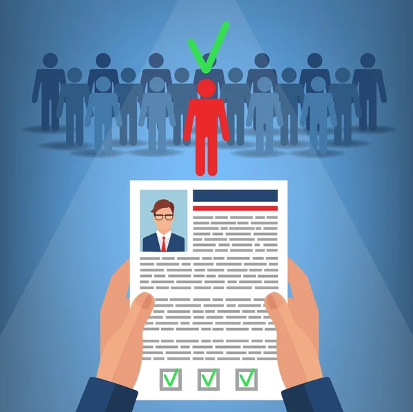 Recruitment for Business. Hands Hold CV Profile of Candidate. Human Resources — Stockový vektor