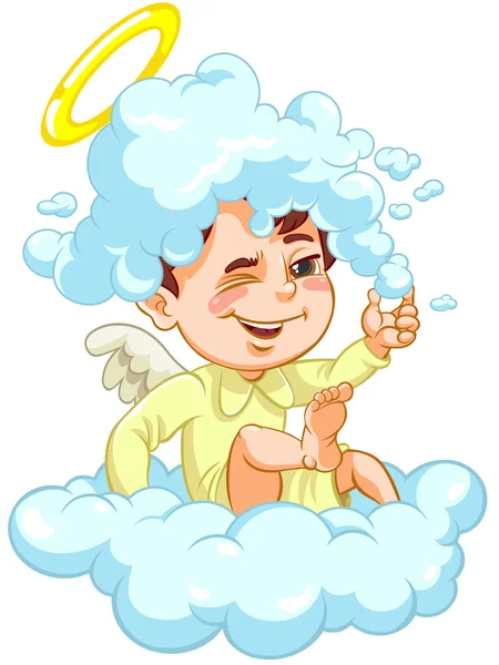 Ángel sentado en una nube con sombrero de espuma — Vector de stock