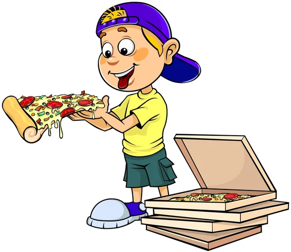 Rapaz a comer pizza — Vetor de Stock