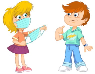 Tıbbi maskeli bir kız ve çocuk. Bir çizgi film kızına hijyenik maske takmasını öğreten bir kızın vektör çizimi. Beyaz arkaplanda izole .