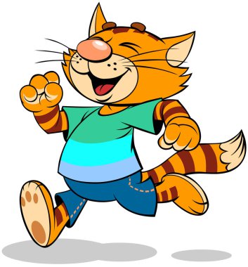 Koşan kırmızı kedi. Çizgili bir çizgi filmin vektör çizimi. Gülümseyen ve koşan kırmızı kedi..