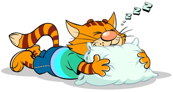 Illustrazione Vettoriale Gatto Rosso Fumetto Strisce Che Dorme Sul Cuscino — Vettoriale Stock