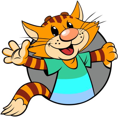 Kırmızı kedi selamlaması. Çizgili çizgili gülümseyen bir çizgi filmin vektör çizimi çemberin dışına bakar ve elleriyle selam verir..