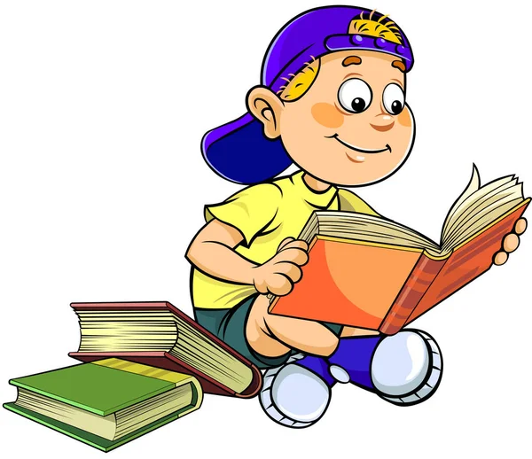 少年は本を読んでいる 漫画のベクトルイラストのA笑顔ティーン男の子読書A本 — ストックベクタ