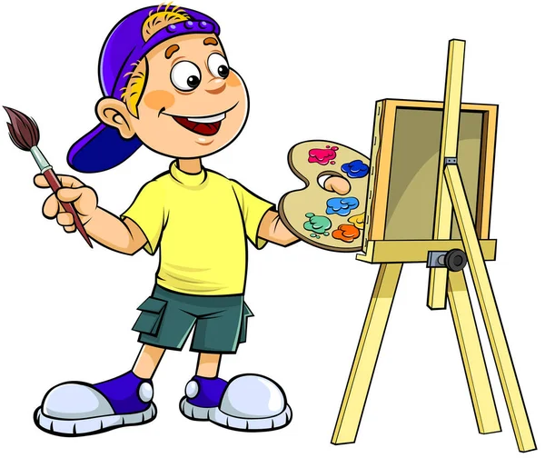 Malowanie Chłopca Kreskówki Wektor Ilustracji Kreskówki Uśmiechnięty Chłopiec Malarstwo Płótnie — Wektor stockowy