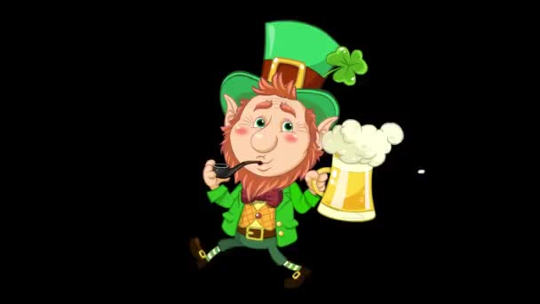 Caminhando Personagem Leprechaun Com Caneca Cerveja Cachimbo Fumar — Vídeo de Stock