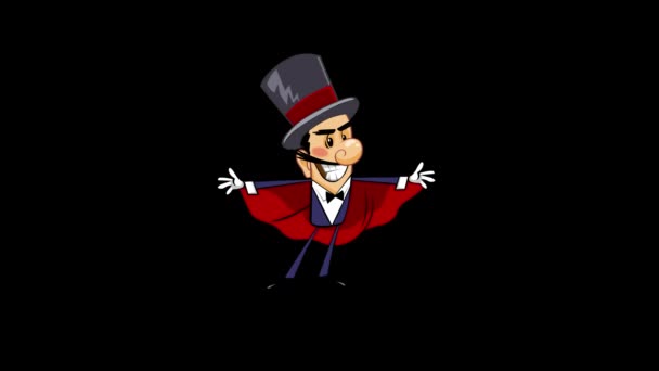 卡通魔术师被隔离在阿尔法频道上 一个戴着黑色顶帽的笑脸魔术师在Alpha频道上表演魔术的环路动画片 — 图库视频影像