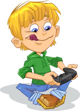 Çizgi filmci çocuk elinde bir joystick tutuyor. Çizgi film karakteri çizimi. Elinde joystick ile video oyunu oynayan heyecanlı bir çocuk..