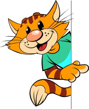 Kırmızı kedi parmağıyla işaret ediyor. Çizgili kırmızı çizgili bir çizgi filmin vektör çizimi dışarı bakar ve parmağıyla işaret eder..