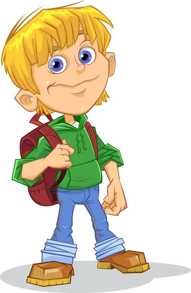バックパックを持って漫画の学校の男の子のカラーベクトルイラスト — ストックベクタ