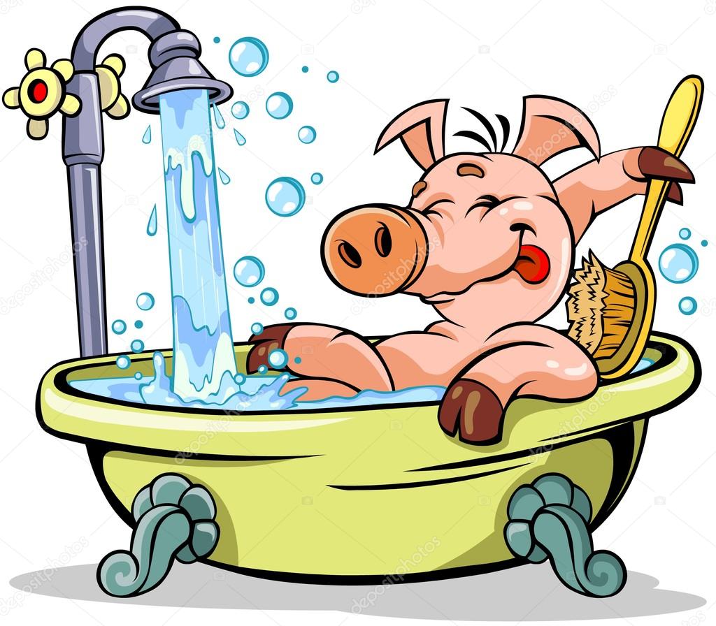 Pig taking a bath