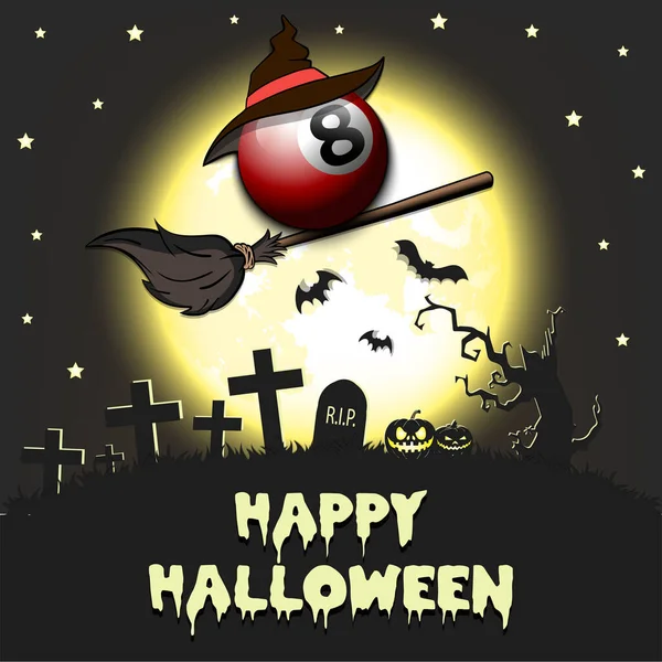 Feliz Halloween. Bola de billar en una escoba — Vector de stock