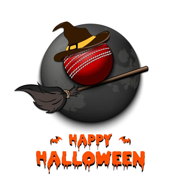 Frohes Halloween. Cricketball auf einem Besenstiel — Stockvektor