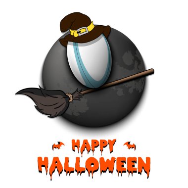 Mutlu Cadılar Bayramı. Rugby topu süpürge sapında