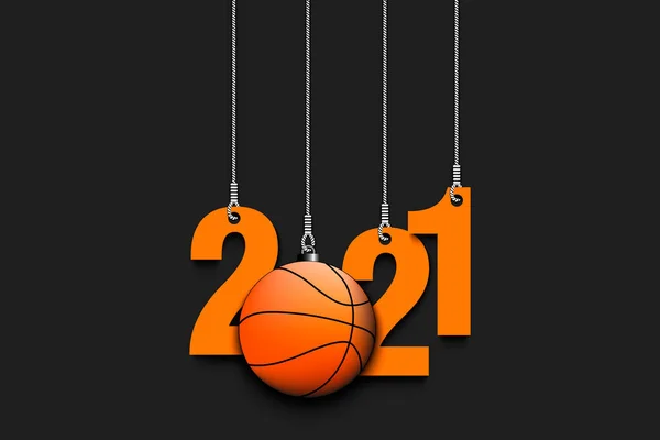 2021 New Year and basketball ball hanging on strings — Stock Vector