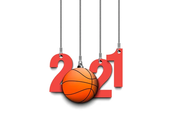 2021 Yeni Yıl ve iplerde asılı basketbol topu — Stok Vektör