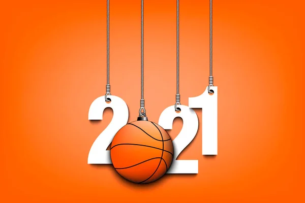 2021 Yeni Yıl ve iplerde asılı basketbol topu — Stok Vektör