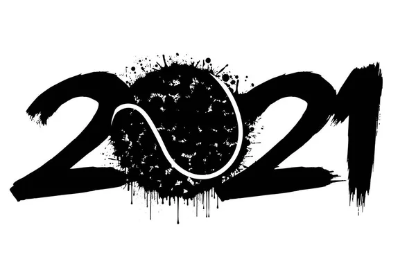 2021 Nieuwjaar en een tennisbal van vlekken — Stockvector