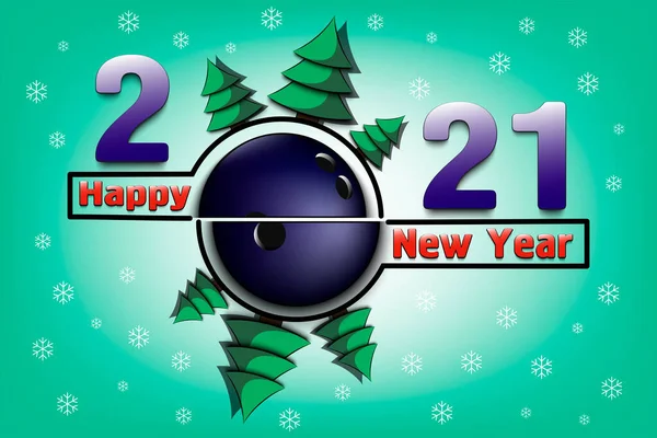 Feliz año nuevo 2021 y bola de bolos — Vector de stock