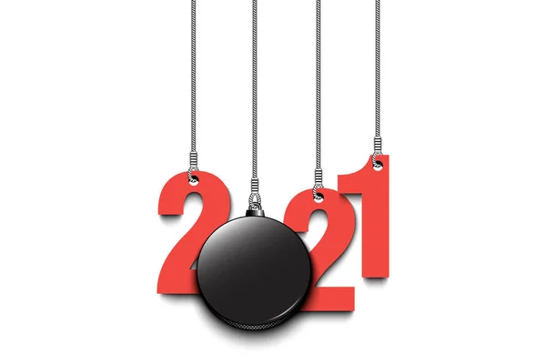 2021 New Year and hockey puck hanging on strings — Stock Vector