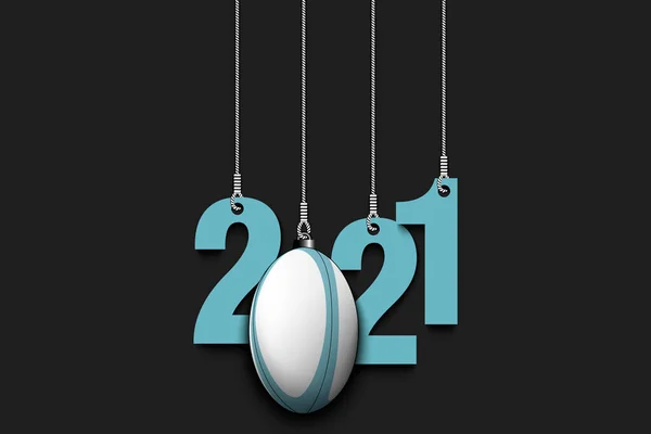 2021 Año Nuevo y pelota de rugby colgando de las cuerdas — Vector de stock
