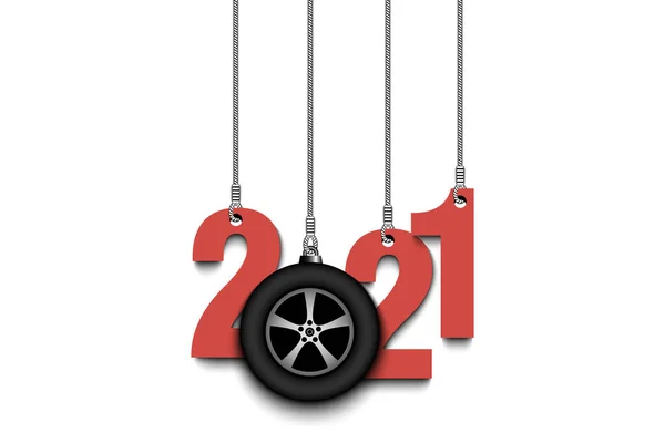 2021 New Year and car wheel hanging on strings — Stock Vector