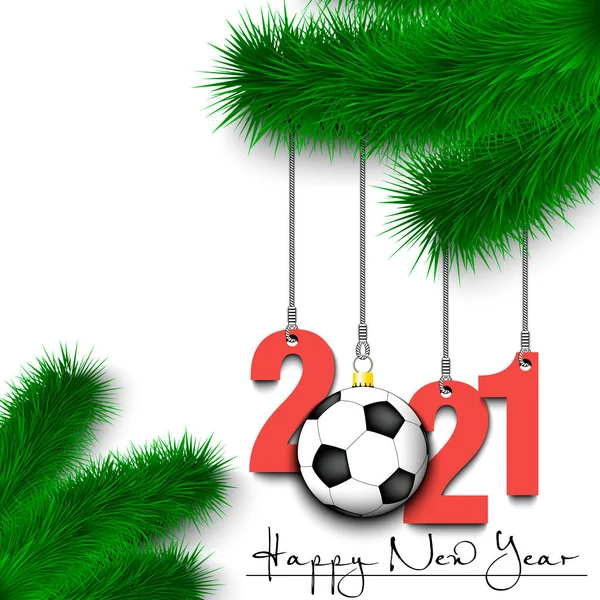 Pallone da calcio e 2021 su un ramo di albero di Natale — Vettoriale Stock