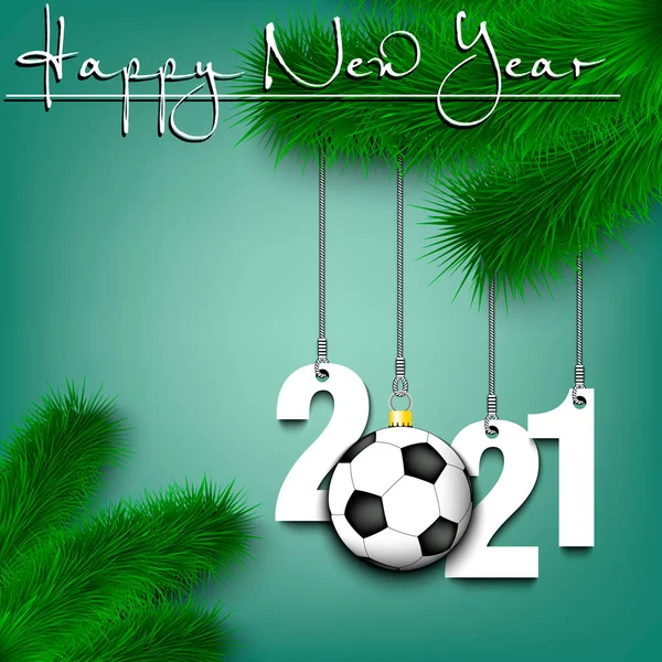 Bola de futebol e 2021 em um ramo de árvore de Natal —  Vetores de Stock