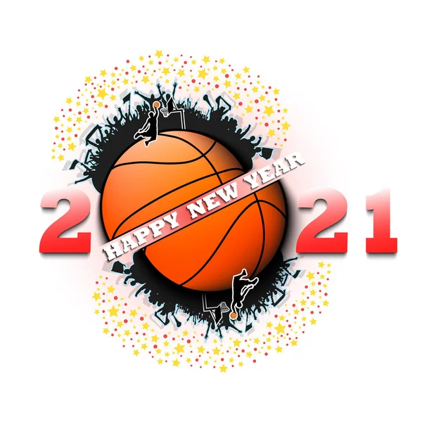 Bonne année 2021 et ballon de basket — Image vectorielle