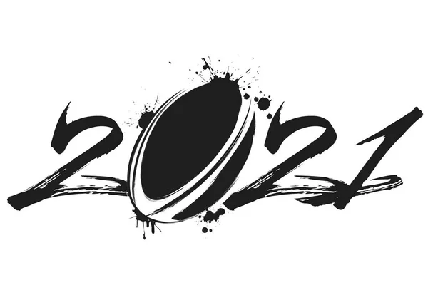 Números abstractos 2021 y pelota de rugby de manchas — Vector de stock