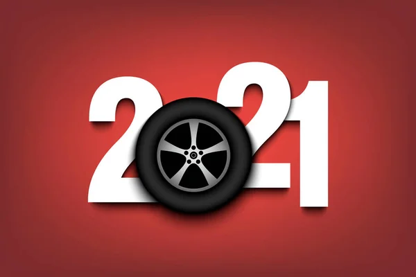 Ano Novo números 2021 e roda de carro — Vetor de Stock