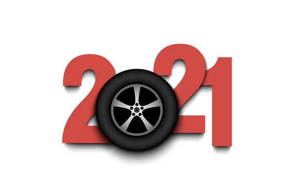Números de Año Nuevo 2021 y rueda de coche — Archivo Imágenes Vectoriales