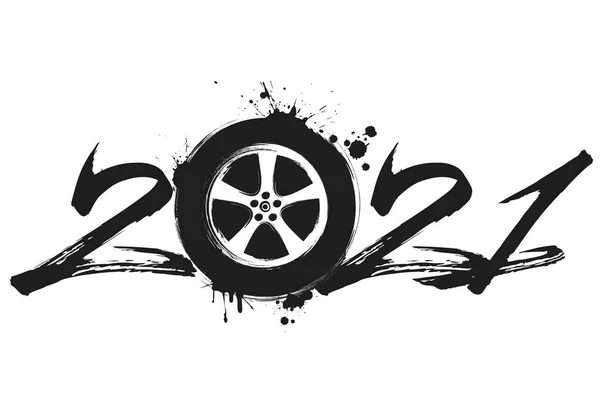Números abstractos 2021 y rueda de coche de manchas — Vector de stock